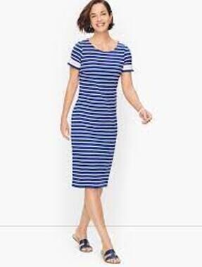 TALBOTS Cotton Shift Dress Blue White Stripe w Lace Small
